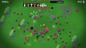 A floating slice of pizza shoots flying monsters with the help of a dog in Pizza Hero.